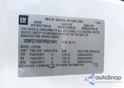 2007 Chevrolet Tahoe Lt z USA, uszkodzony, nr VIN 1GNFC13007R321441